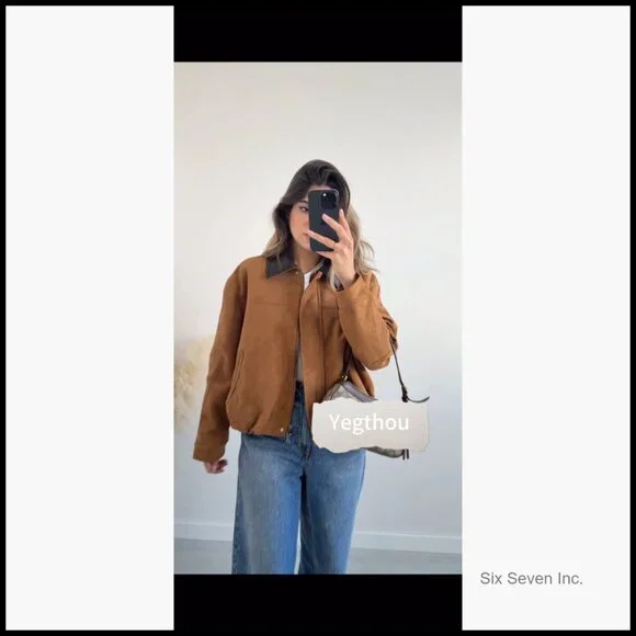 Faux Suede Bomber Jacket Oversized Cropped Zip Up Casual Outerwear - Picture 6 of 6